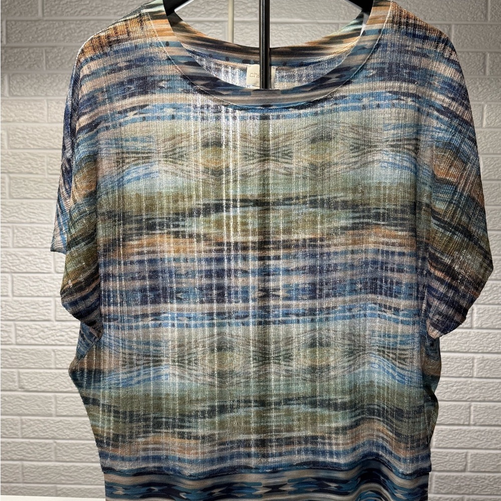 Chico's Blue Gray Cuffed Sleeve Boxy Blouse